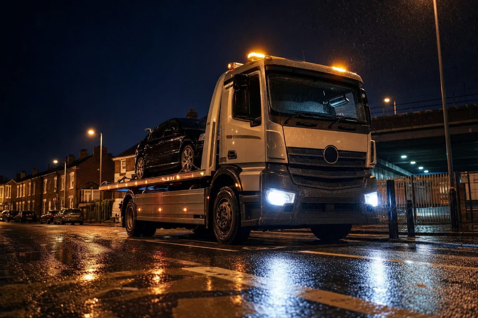 Tony's Recovery flatbed truck recovering a vehicle on a wet Southampton road at night