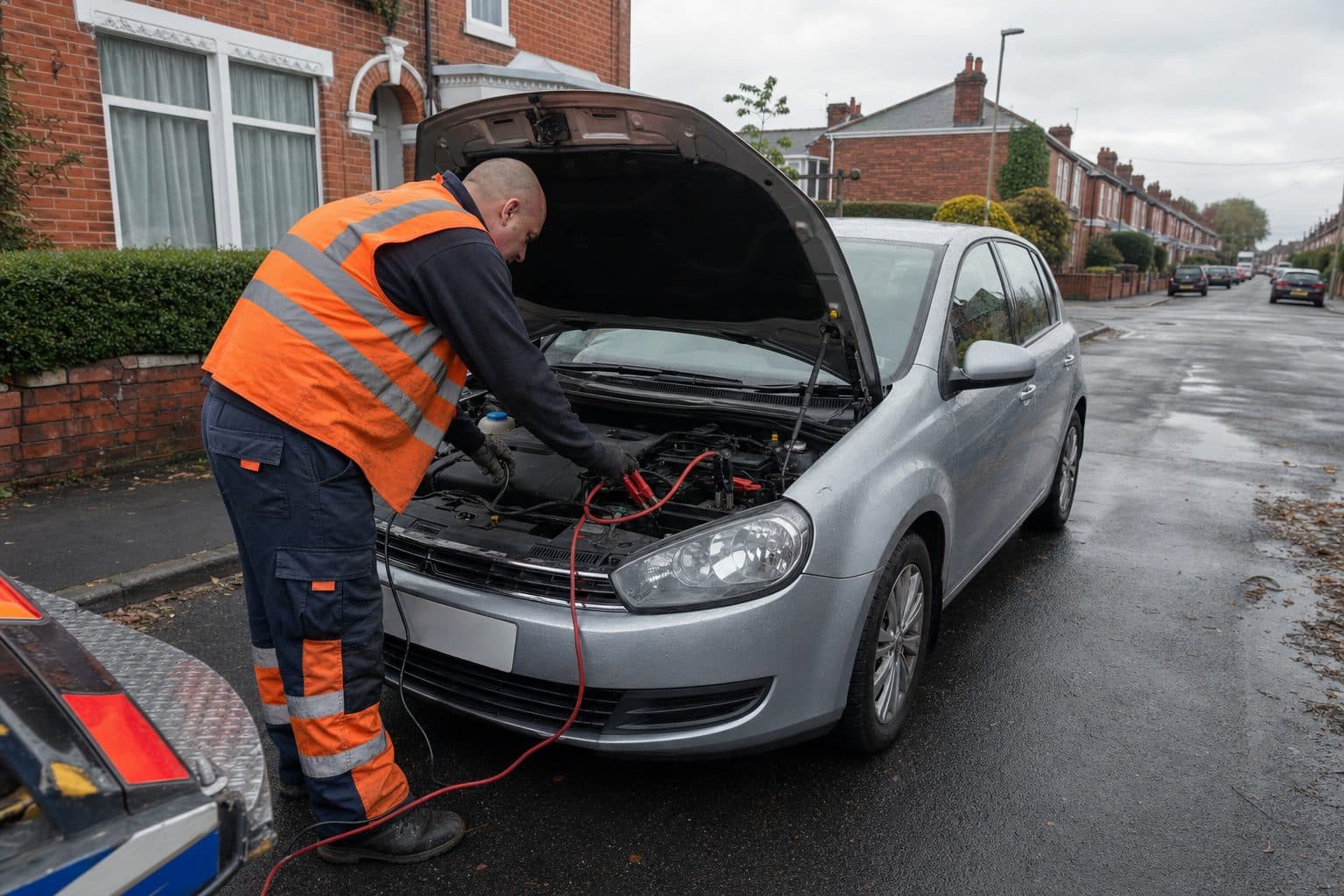 Recovery operator jump starting a car on a British street