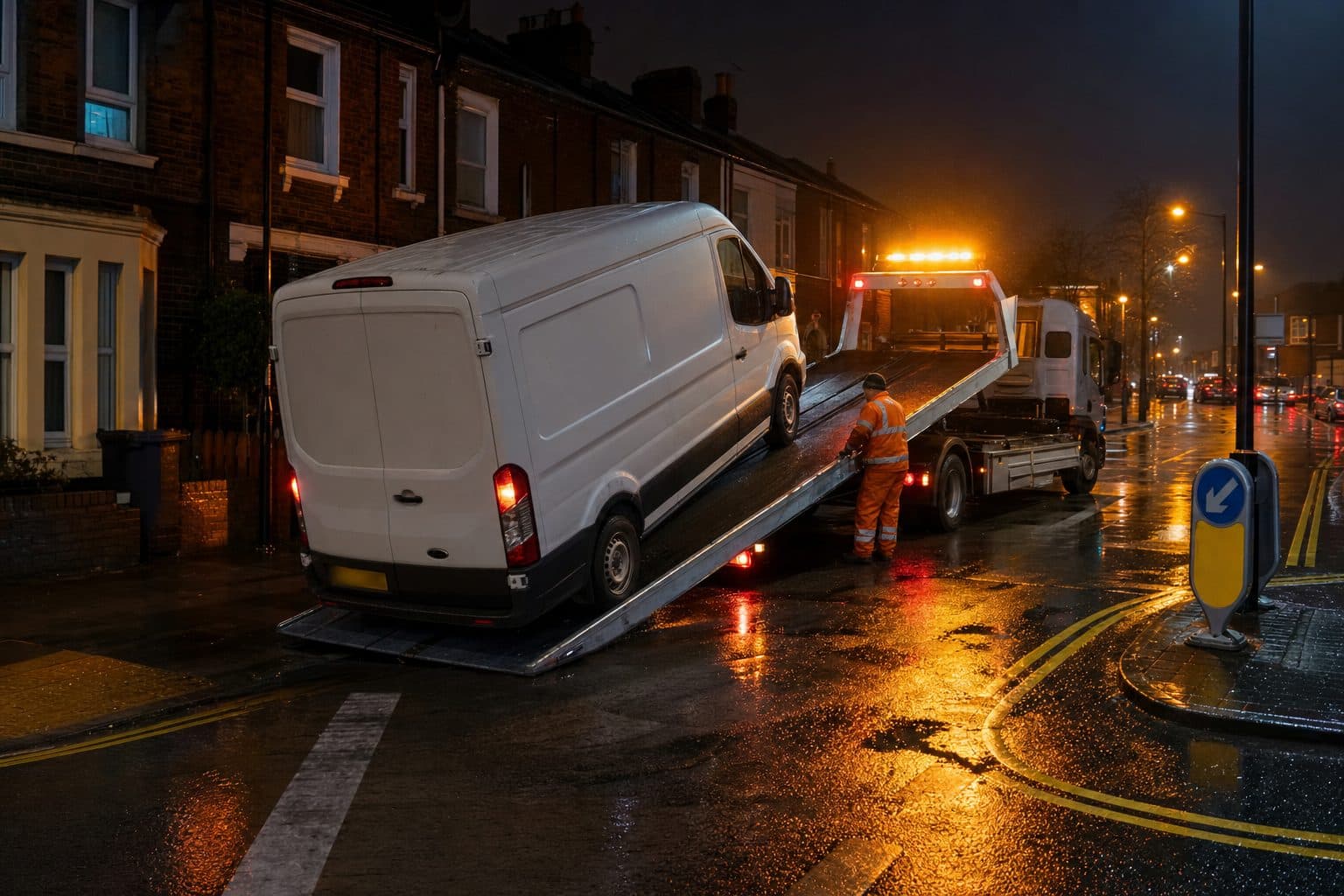 Van being recovered on a wet UK street at night